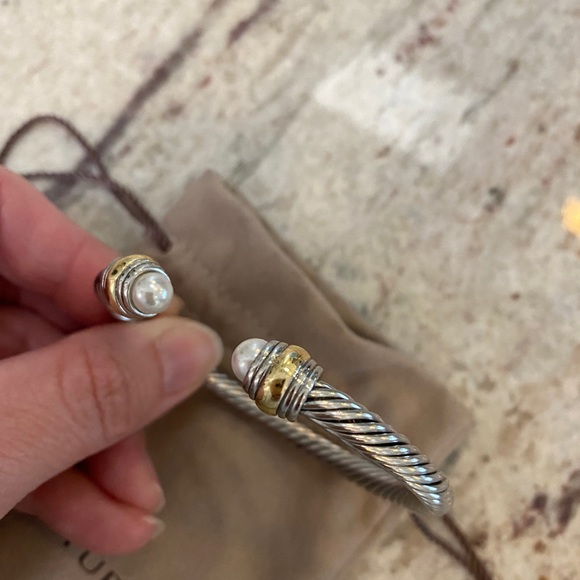 David Yurman 5mm cable bracelet. Sterling silver and 14k gold. Pearl cuff. M/L - Picture 3 of 5